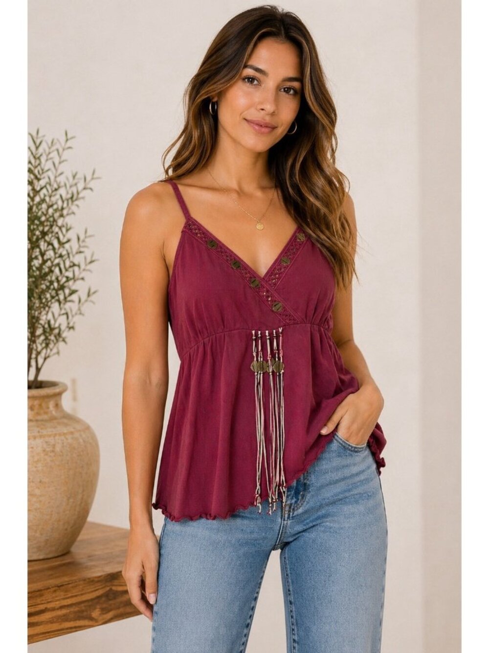 Boho Embellished Tassel Tank Top 22/24W Burgundy Flowy Empire Waist Festival